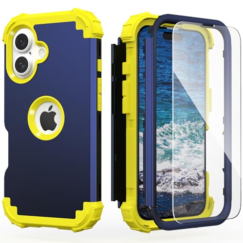 IDweel for iPhone 17 Case with Screen Protector for Women, 3 in 1 Shockproof Slim Fit Hybrid Heavy Duty Hard PC Cover Soft Silicone Bumper Full Body Anti-Fingerprint Case, Navy Blue/Yellow - color: Navy Blue/Yellow