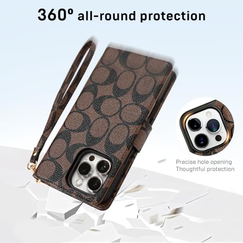 Luxury Designer Wallet Case for iPhone 16 Pro Max, Magnetic Detachable Cover with Card Slots, Kickstand, Wrist Strap, Smartish PU Leather, 6.9 Inch,Brown