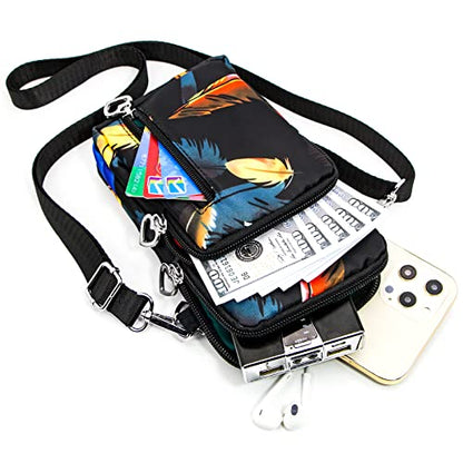 BIAOTIE Lightweight Small Crossbody bags Cell Phone Purses Travel Pouch Shoulder Bag for Women - color: Black Feathers