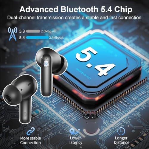 Jxrev Wireless Bluetooth 5.4 Earbuds, 6D Stereo Ear Buds, LED Power Display - color: Carbon Black