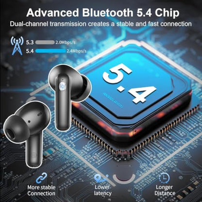 Jxrev Wireless Bluetooth 5.4 Earbuds, 6D Stereo Ear Buds, LED Power Display - color: Carbon Black