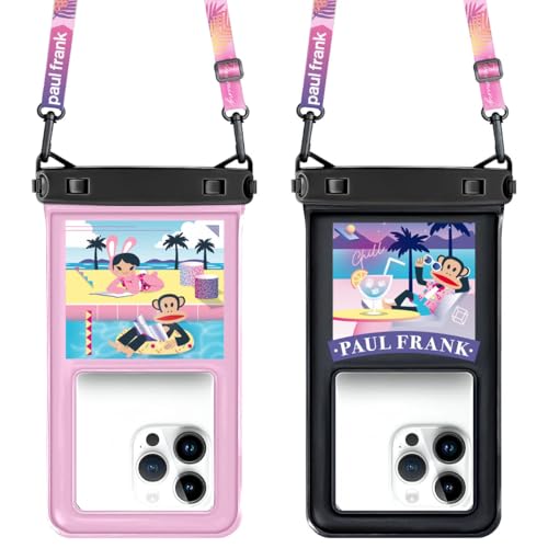 Paul Frank Waterproof Phone Pouch Floating, 2 Pack IPX8 Waterproof Phone Case with Lanyard for iPhone 17 16 15 14 Pro Max Galaxy S25 S24, Cellphone Dry Bag Beach Cruise Ship Essentials(up to 8.5") - color: Pink &Black