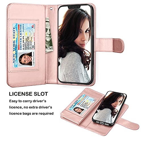 NJJEX iPhone 13 Mini Wallet Case, 9 Card Slots, Rose Gold | PU leather, ID Credit Card Holder, detachable folio flip, magnetic cover, kickstand, lanyard included - color: Rose Gold
