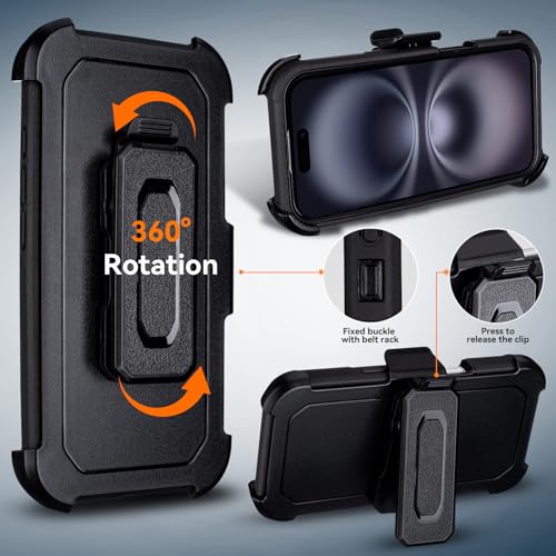 for iPhone 16 Case with Belt Clip Holster, Compatible with Magsafe, Black | Military Grade Drop Protection, 2 Layers of Sturdy, Heavy Duty Shockproof Cover for iPhone 16 Case Rugged - color: Black