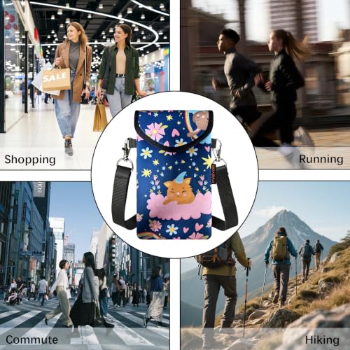 Neoprene Phone Sleeve Pouch Case Bag for Men Women w/Crossbody Strap/Neck Lanyard for iPhone 17/16/15/14 Pro Max, Samsung S25，Pixel 10 - color: Dreamy Kitty