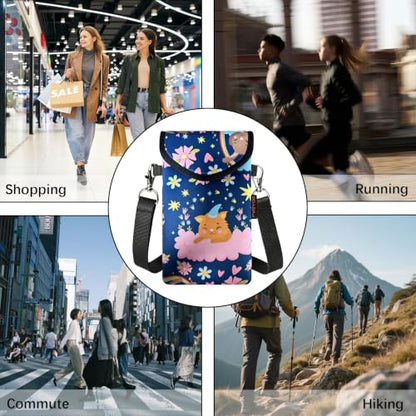 Neoprene Phone Sleeve Pouch Case Bag for Men Women w/Crossbody Strap/Neck Lanyard for iPhone 17/16/15/14 Pro Max, Samsung S25，Pixel 10 - color: Dreamy Kitty