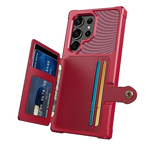 for Samsung Galaxy S22 Ultra Case with Card Holder, Compatible with Magnetic Car Mount, Heavy Duty Shockproof Rugged Soft TPU Back Leather Flip Wallet Cover 6.8 inch, Red | Compatible with Magnetic Car Mount, Shockproof Rugged Soft TPU Hard Back Leather W