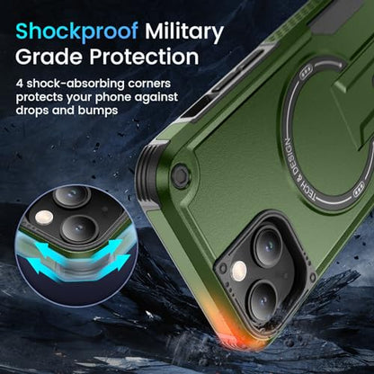 Caka for iPhone 13 Case & iPhone 14 Case with Stand Green | Compatible with MagSafe, Built-in Hidden Kickstand, Solid Protective Dual-layer TPU+PC Shockproof Magnetic Phone Cover - color: Green