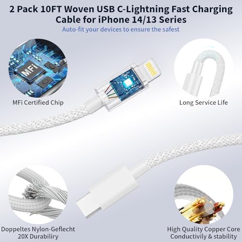 10FT iPhone Lightning Cable[Apple MFi Certified]2Pack 20W Apple Lightning Charger Dual Port USBA+C Charge Block with 10FT iPhone Fast Charging Woven Cable Cord for iPhone14/13/12/11/XS/XR/X/8/7/SE2022