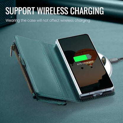 Defencase for Samsung Galaxy Z Fold 4 Wallet Case with Card Holder, Green | Durable Soft PU Leather, RFID Blcking Zipper Pocket, with S-Pen Holder & Strap, Flip Phone Cases with Stand for Women Men - color: Blue Green