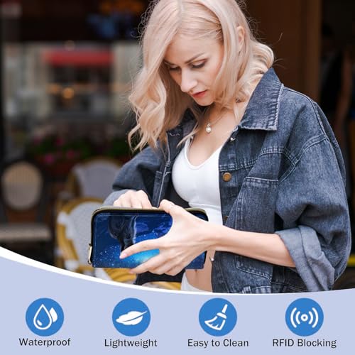 Ladies Wallet,Clutch Purses for Women Wallets Leather Credit Card Holder for Women Wristlet Slim Small Cute with Zipper,Thin RFID Blocking with Wrist Strap,Blue Galaxy Raccoon - color: Blue Galaxy Raccoon