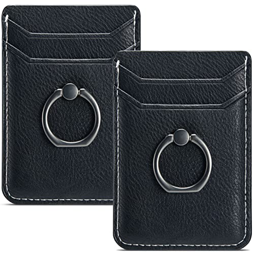 Card Holder for Phone Case 2Pc, RFID Leather Phone Wallet with Ring | Phone Wallet Stick On Back Of Phone Case.Credit Card/ID/Pocket Phone Card Holder for iPhone Andriod. Viewing Freely - color: Black+Black 2PC