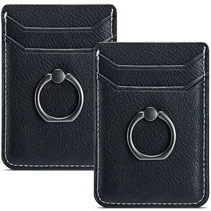 Card Holder for Phone Case 2Pc, RFID Leather Phone Wallet with Ring | Phone Wallet Stick On Back Of Phone Case.Credit Card/ID/Pocket Phone Card Holder for iPhone Andriod. Viewing Freely - color: Black+Black 2PC