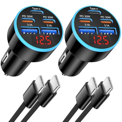 Car Charger USB C Fast Charge,5 -Ports 90W Car Phone Charger with Voltmeter - size: 2 Pack