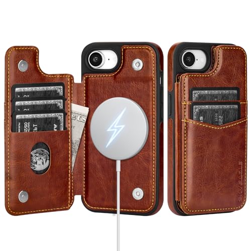 SkyEagle Compatible with MagSafe iPhone 17e / 16e Case Wallet,Brown | Magnetic Clasp,RFID Blocking,PU Leather,Flip Folio Shockproof Phone Cover,with Credit Card Slots & Kickstand for Men & Women - color: Brown