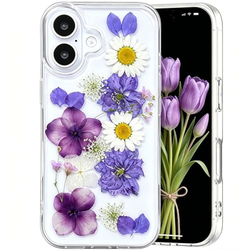 Abbery for iPhone 16 Case Cute Clear with Dry Real Floral Design Soft TPU Aesthetic Shockproof Protective Women Girl's Kawaii Trendy Violet Purple Flower Phone Case for iPhone 16 - color: Purple Flower, size: for iPhone 16