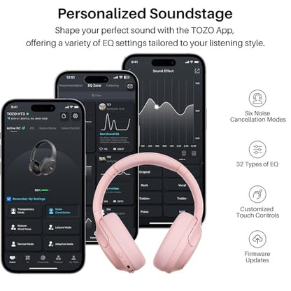 TOZO HT3 Hybrid Noise Cancelling Wireless Headphones, 90H Over Ear Headset - color: Titanium Pink