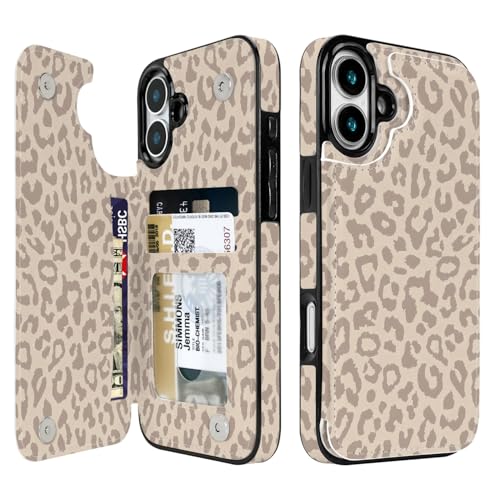 Compatible with iPhone 16 Case Wallet with Card Holder, Flip PU Leather Built-in Card Slots, Kickstand and Shockproof Case for iPhone 16 6.1 inch Women Men (Beige Leopard) - color: Beige Leopard, size: iPhone 16 6.1 inch