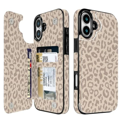 Compatible with iPhone 16 Case Wallet with Card Holder, Flip PU Leather Built-in Card Slots, Kickstand and Shockproof Case for iPhone 16 6.1 inch Women Men (Beige Leopard) - color: Beige Leopard, size: iPhone 16 6.1 inch