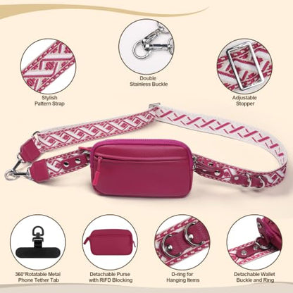 YFWE Clip and Go Phone Strap with Crossbody Wallet, Adjustable Phone Lanyard with Detachable RFID Wristlet Wallet, Anti-Theft Leather Purse with ID Window for Travel Essentials (Rose Red) - color: Rose Red