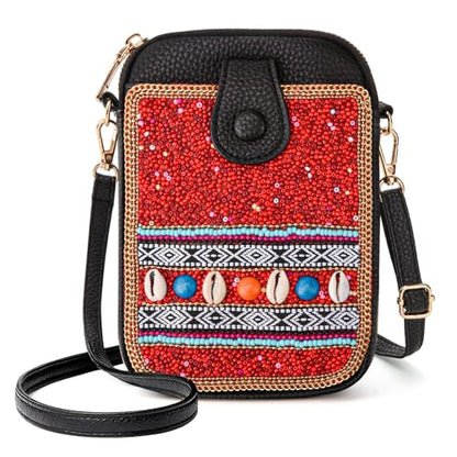 Women's Small Crossbody Cell Phone Bag, Boho Colorful Beaded Purse Wallet with Handmade Cute Patterns - color: Red