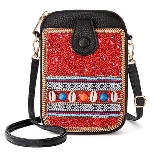 Women's Small Crossbody Cell Phone Bag, Boho Colorful Beaded Purse Wallet with Handmade Cute Patterns - color: Red