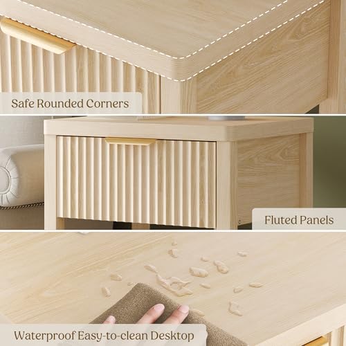Night Stand Set 1, Fluted Wood Bedside Table w/Socket Station for Bedroom - color: Natural Oak, size: 1 Drawer-Set of 1 Nightstand