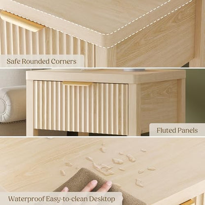 Night Stand Set 1, Fluted Wood Bedside Table w/Socket Station for Bedroom - color: Natural Oak, size: 1 Drawer-Set of 1 Nightstand