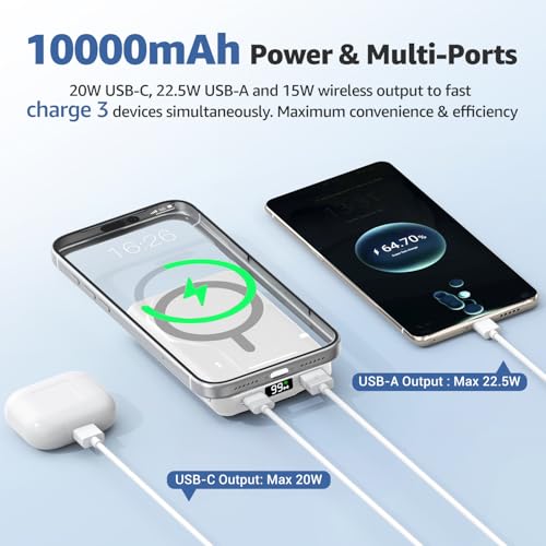 Azmuth for MagSafe Portable Charger, 10000mAh Magnetic Power Bank 20W PD | Fast Charging,Wireless Battery Pack with LED Display & Stand,Travel Essentials,for iPhone 17/16/15/14/13/12 Series - color: White