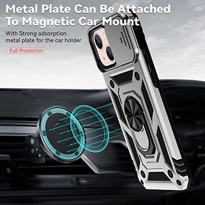 for iPhone 13 Case with Camera Lens Cover HD Screen Protector, Dual Layer [15 FT Military Grade Drop Protection] Magnetic Ring Holder Kickstand Protective Phone Case for iPhone 13 6.1 inch (Silver) - color: Silver with camera cover Military-Grade 2nd gen