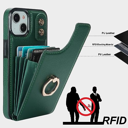 Folosu Compatible with iPhone 14 Case Wallet with Card Holder, 360°Rotation Finger Ring Holder Kickstand, RFID Blocking Leather Protective Double Buttons Shockproof Cover 6.1 Inch Dark Green - color: Dark Green, size: iPhone 14