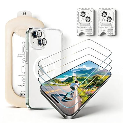 3 Pack Screen Protector with Phone Case for iPhone 15, 2 Pack Camera Lens Protector, Tempered Glass, Easy Install Frame, 9H Hardness, Bubble Free, HD Clear, Full Coverage