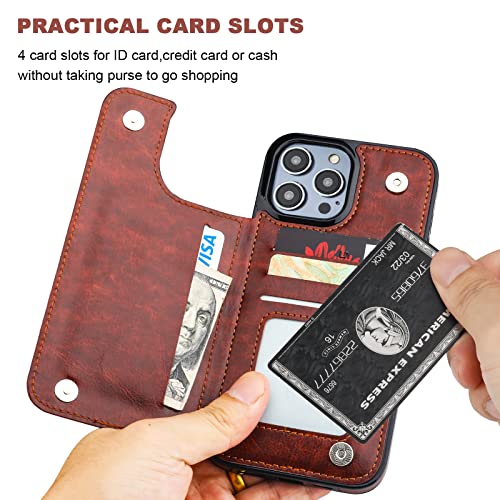 ONETOP for iPhone 14 Pro Max Wallet Case with Credit Card Holder,Brown | Kickstand,ID/Cash Holder,Case Wallet with Card Slots,Double Magnetic Clasp,Durable PU Leather Shockproof Cover for Women Men - color: Brown