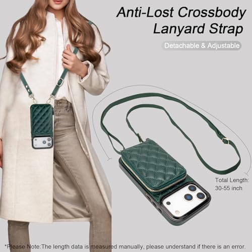 Bocasal Crossbody Wallet Case Card Holder for iPhone 17 Pro Max Dark Green | RFID Blocking PU Leather Zipper Handbag Purse, Kickstand Flip Folio Case with Card Slots Holder Wrist Strap Lanyard 6.9 Inch - color: Dark Green
