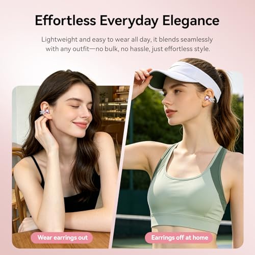 Clip On Earbuds with Detachable Butterfly Earrings & LED Makeup Mirror Case, Wireless Earbuds Bluetooth 6.0, Air Conduction Headphones, Lightweight for Travel Work Daily Use,Great Gift Choice - color: Blush Pink