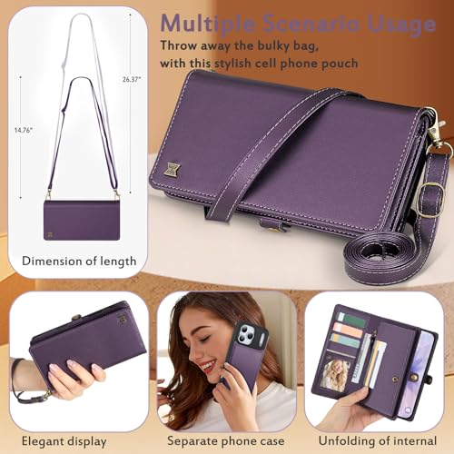 for Wallet Case Compatible with iPhone 17 Pro,Multi-Function Detachable 3 in 1 Magnetic iPhone 17 Pro Case Wallet,Flip Strap Zipper Card Holder Phone Case with Shoulder Straps (Pruple) - color: Purple, size: iPhone 17 Pro
