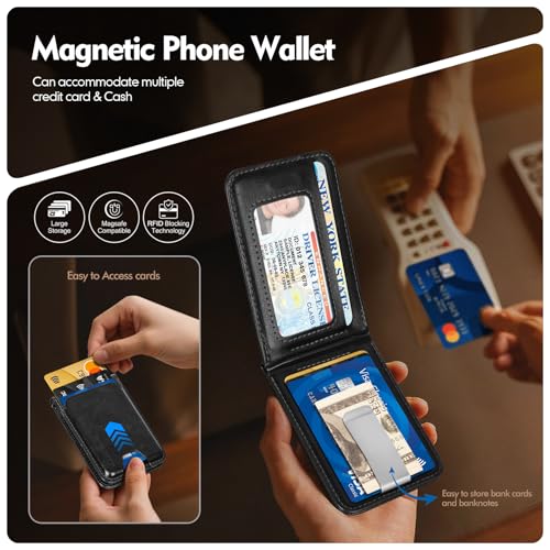 Shieldtop RFID Blocking MagSafe Wallet Stand with Card Holder,5 Card Slots & ID Window,PU Leather Magnetic Adjustable Kickstand for iPhone 12/13/14/15/16/17 Pro Max & Air Plus Series,Black - color: Black