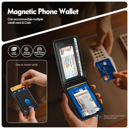 Shieldtop RFID Blocking MagSafe Wallet Stand with Card Holder,5 Card Slots & ID Window,PU Leather Magnetic Adjustable Kickstand for iPhone 12/13/14/15/16/17 Pro Max & Air Plus Series,Black - color: Black