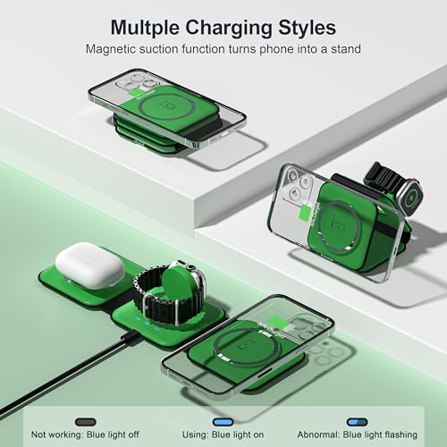 3 in 1 Charging Station for Multple Devices,Foldable 3 in 1 Wireless Charger for Travel,Nano Wireless Charging Station for iPhone16 15 14 13 12 Pro Max/Watch 10 9 8 7 6 5 4 3 Ultra/AirPod Pro - color: Green