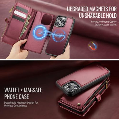 Defencase for iPhone 15 Pro Case Wallet Compatible with Magsafe, Wine Red | Drop-Proof Magnetic Detachable Phone Cases Cover, with RFID Bolcking Card Holder, Zipper Strap, PU Leather, Removable Wallet - color: (Detachable with Magsafe)-Wine Red