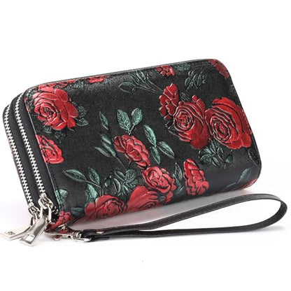 GOIACII Women's Wallet RFID Blocking Leather Wristlet - color: B03 Red Rose