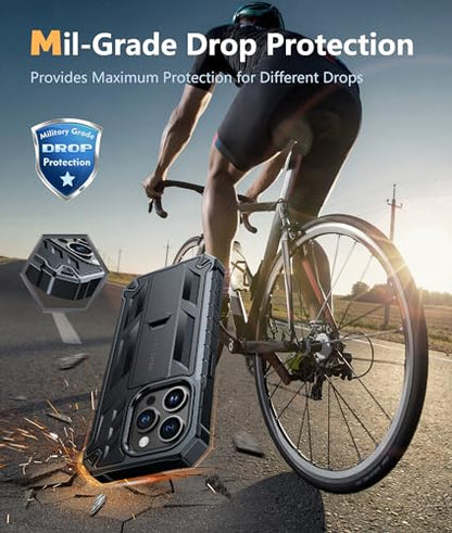 FNTCASE for iPhone 15 Pro Case, Built-in Screen Protector, Kickstand Black | Military-Grade Drop Protection, Anti-Slip Matte Textured, Rugged Heavy Duty Shockproof TPU Protective Cover - color: Black