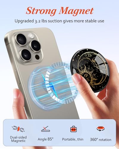 Magnetic Phone Grip, Cute Finger Grip Phone Stand, Black Sun Moon - color: Black Sun Moon