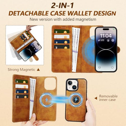 2 in 1 PU Leather for iPhone 14 Plus/15 Plus Case, Detachable Wallet Case with Card Holder, Removable Flip Folio Cover with RFID Blocking, Stand Shockproof Phone Cover（Compatible with MagSafe） Brown - color: Brown, size: Iphone 14 plus / 15 plus
