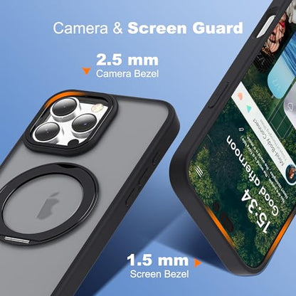 for iPhone 16 Pro Case with 360° Spin Magnetic Stand,Black | iPhone 16 Pro Phone Case 6.3",Spin Magnetic Ring Stand,Compatible with MagSafe,Military Protection,Translucent Matte - color: Black, size: iPhone 16 Pro
