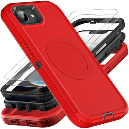 YKHJKLEC for iPhone 16e Case, Compatible with Magsafe, Military Grade 3 in 1 Heavy Duty Shockproof/Drop Proof/Dust Proof Case with 2Pcs Tempered Glass Screen Protector (New-Red/Black) - color: New-Red/Black