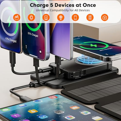 YELOMIN Solar Charger Power Bank 5000mAh with 4 Foldable Panels & 2 Built-in Cables, Wireless Portable Charger, Outdoor External Battery Pack with USB-C in/Output & SOS Flashlight for Camping Hiking