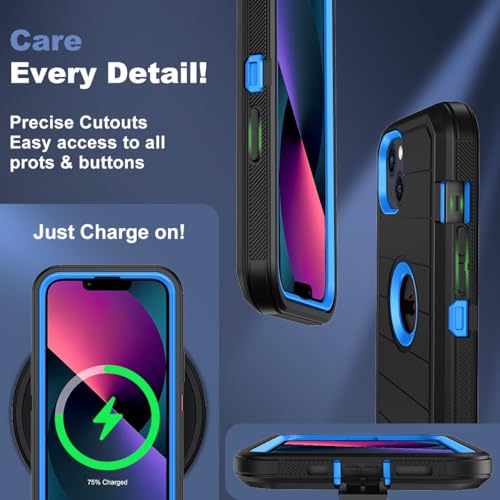 for iPhone 14 Case & iPhone 13 Case, Military-Grade Drop Protection 3-Layer Rugged Shell with Screen Protector, Full-Body Non-Slip Shockproof Heavy Duty Protective Bumper Phone Cover (Black Blue) - color: Black Blue