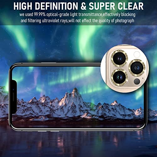 Suoman 3-Pack for iPhone 13 Pro 6.1 inch / 13 Pro Max 6.7 inch Camera Lens Protector, 9H Hardness Tempered Glass Film, [Glitter diamonds] Individual Metal Protective Cover - Gold - color: Gold