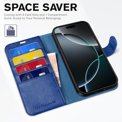 TUCCH Wallet Case for iPhone 16 Pro Max (6.9"), 4 Card Slots, Klein Blue | RFID Blocking, Viewing Stand, Shockproof TPU Shell, PU Leather, Magnetic Closure, Protective Folio Flip Cover - color: Textured Klein Blue